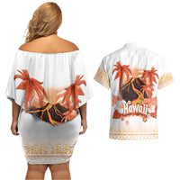 Hawaiian Volcano Lava Flow Couples Matching Off Shoulder Short Dress and Hawaiian Shirt With Hawaiian Tapa Pattern