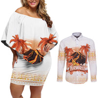 Hawaiian Volcano Lava Flow Couples Matching Off Shoulder Short Dress and Long Sleeve Button Shirt With Hawaiian Tapa Pattern