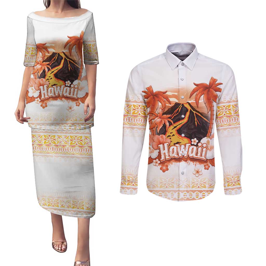 Hawaiian Volcano Lava Flow Couples Matching Puletasi and Long Sleeve Button Shirt With Hawaiian Tapa Pattern