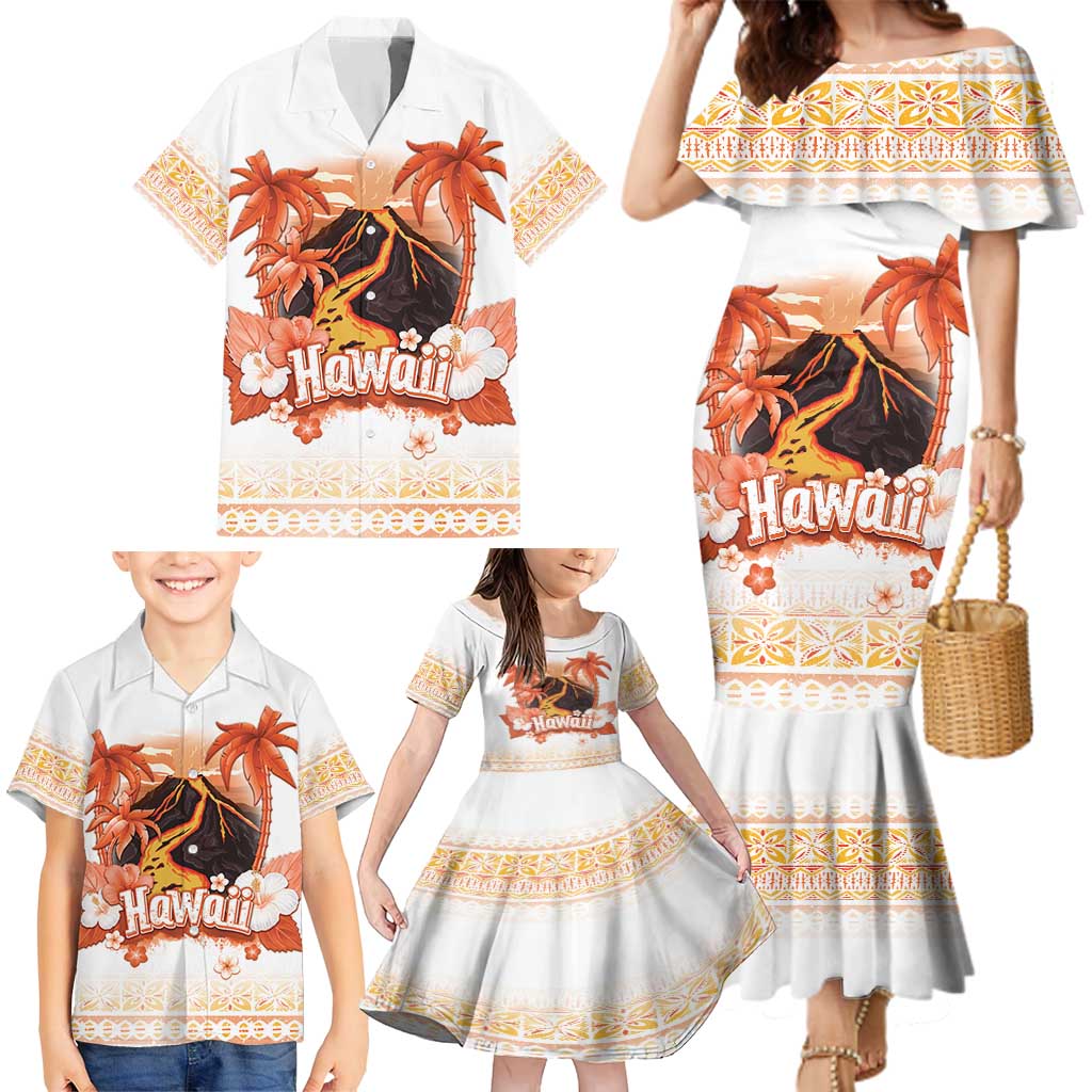 Hawaiian Volcano Lava Flow Family Matching Mermaid Dress and Hawaiian Shirt With Hawaiian Tapa Pattern