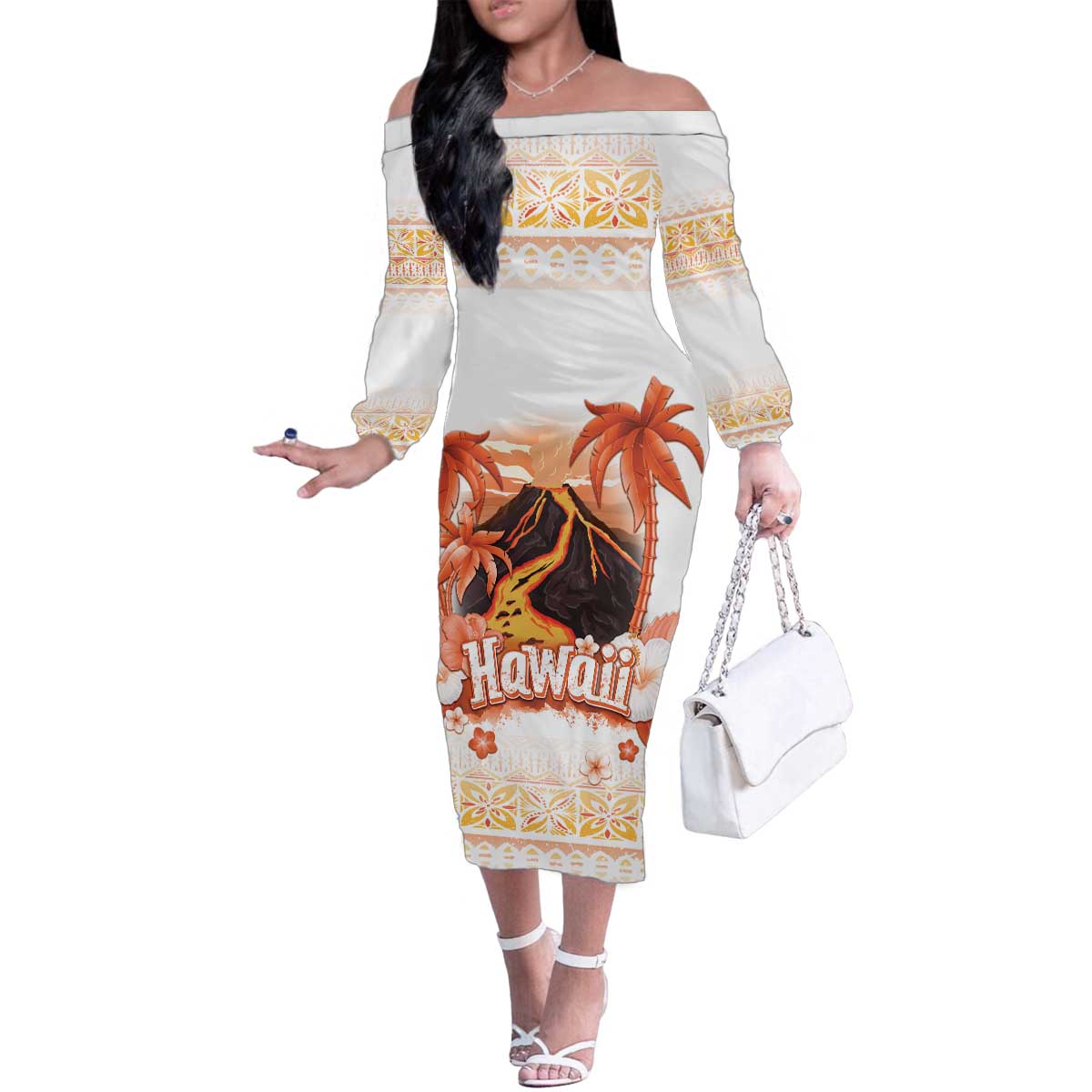 Hawaiian Volcano Lava Flow Family Matching Off The Shoulder Long Sleeve Dress and Hawaiian Shirt With Hawaiian Tapa Pattern