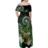 Aotearoa New Zealand Tuatara Family Matching Off Shoulder Maxi Dress and Hawaiian Shirt Maori Koru Art
