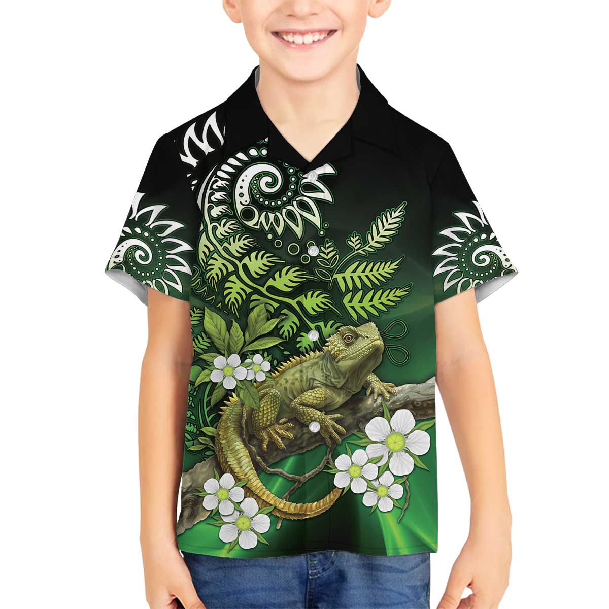 Aotearoa New Zealand Tuatara Family Matching Puletasi and Hawaiian Shirt Maori Koru Art