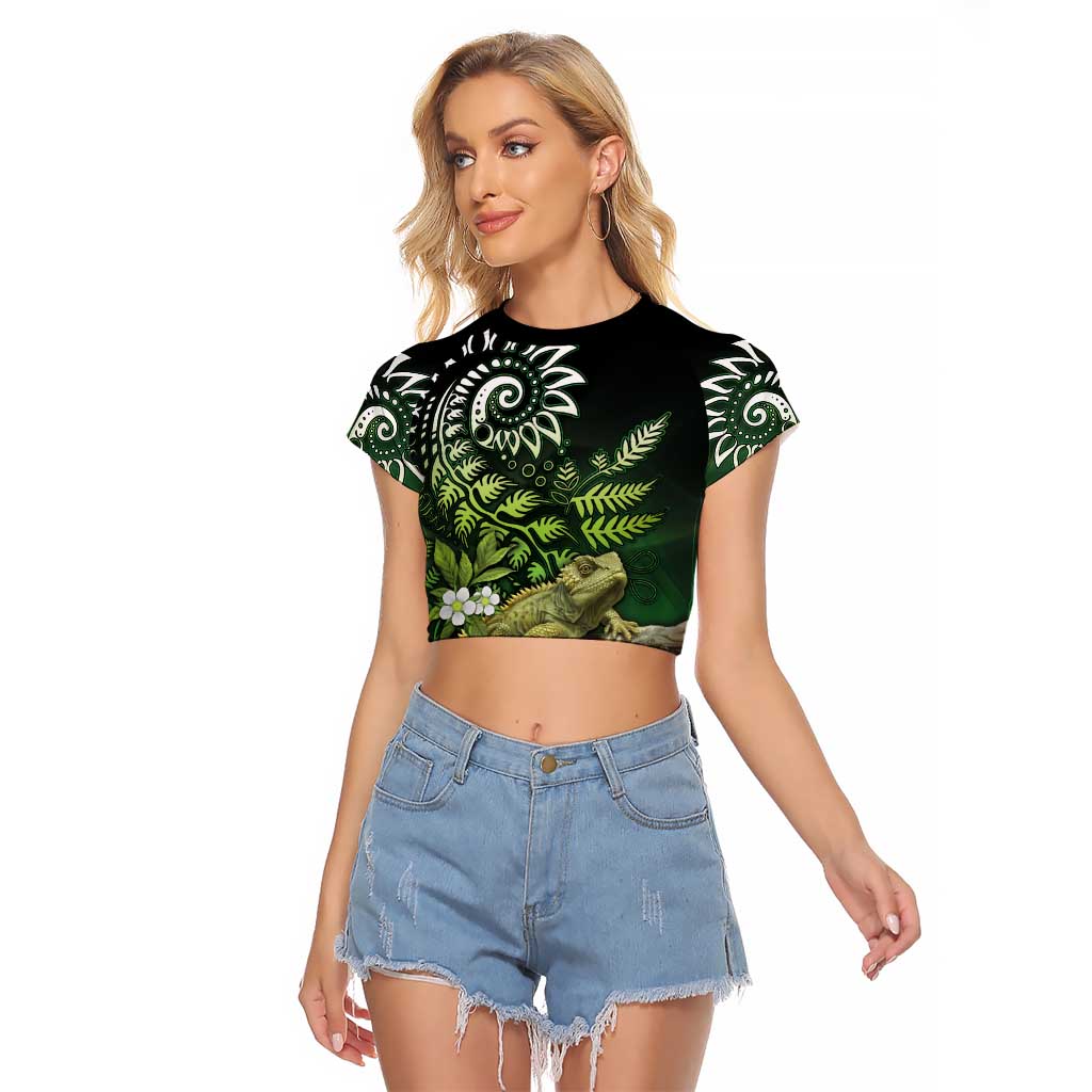 Aotearoa New Zealand Tuatara Raglan Cropped T Shirt Maori Koru Art LT05 Female Green - Polynesian Pride