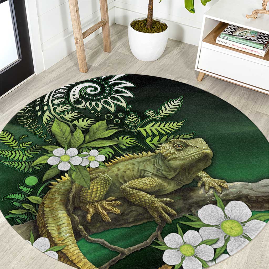 Aotearoa New Zealand Tuatara Round Carpet Maori Koru Art LT05 Green - Polynesian Pride