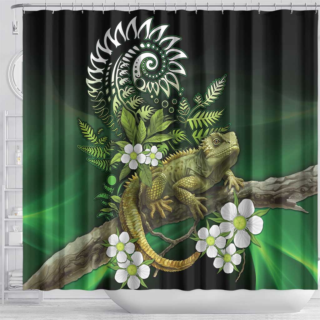 Aotearoa New Zealand Tuatara Shower Curtain Maori Koru Art
