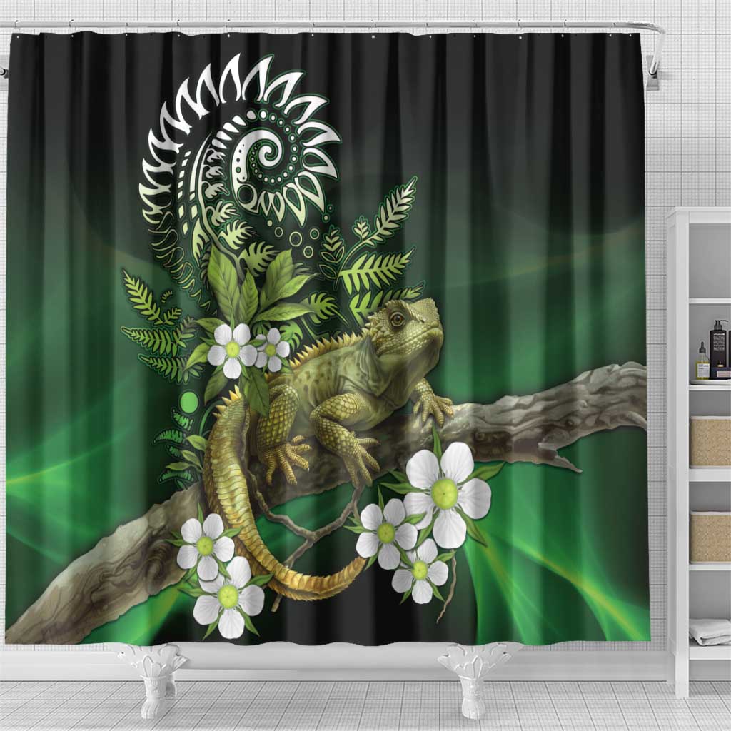 Aotearoa New Zealand Tuatara Shower Curtain Maori Koru Art