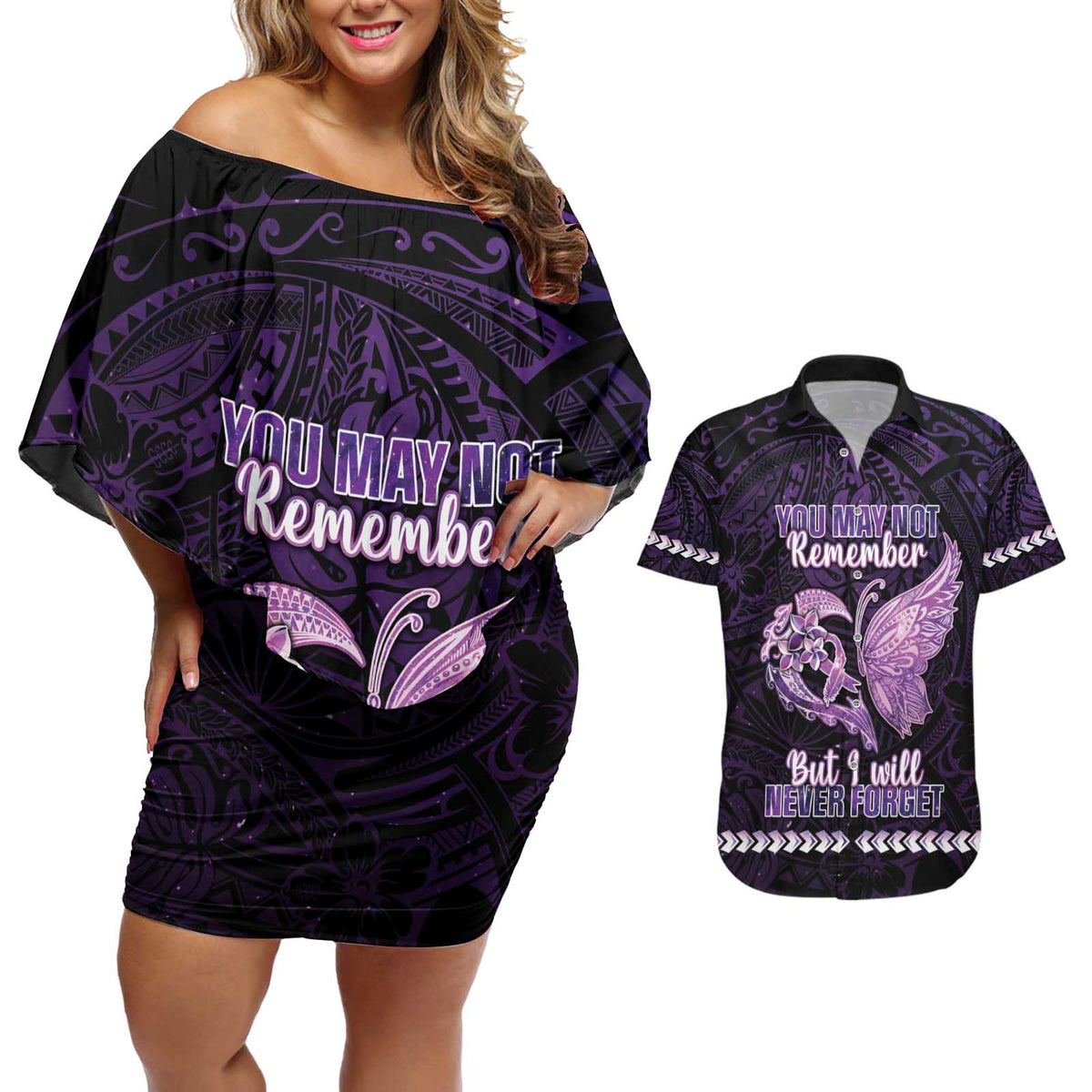 Personalised Alzheimer's Awareness Couples Matching Off Shoulder Short Dress and Hawaiian Shirt You May Not Remember But I Will Never Forget