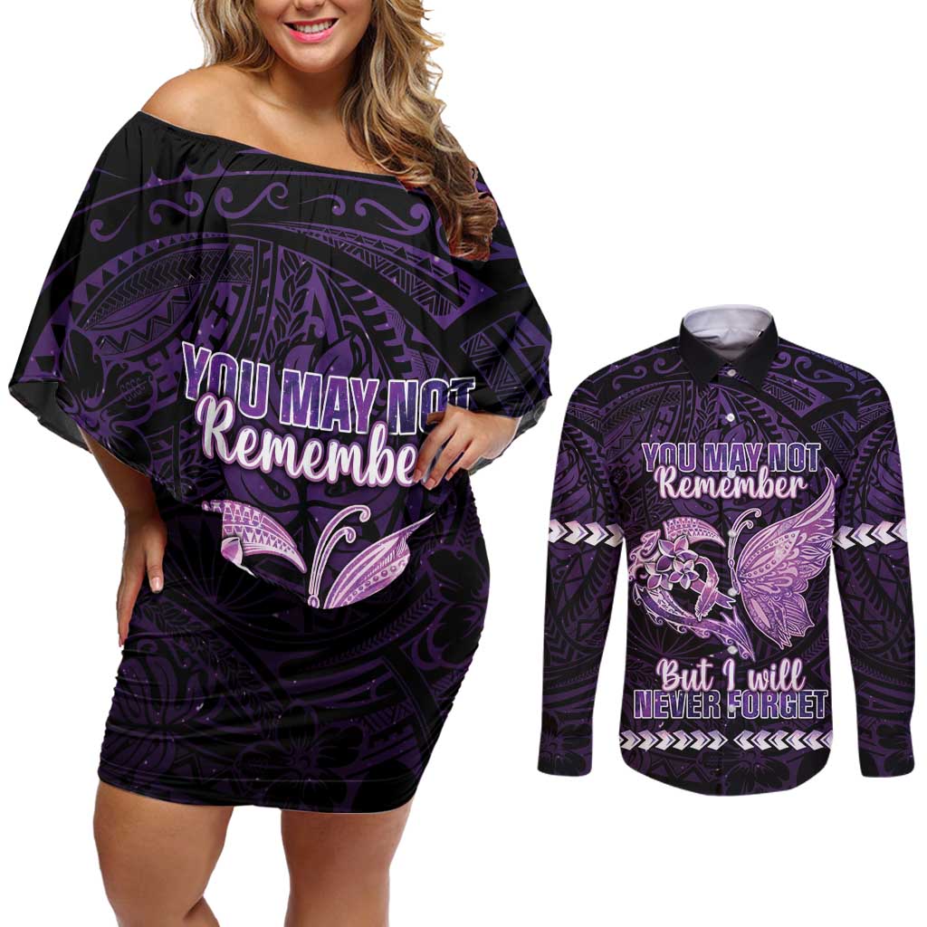 Personalised Alzheimer's Awareness Couples Matching Off Shoulder Short Dress and Long Sleeve Button Shirt You May Not Remember But I Will Never Forget