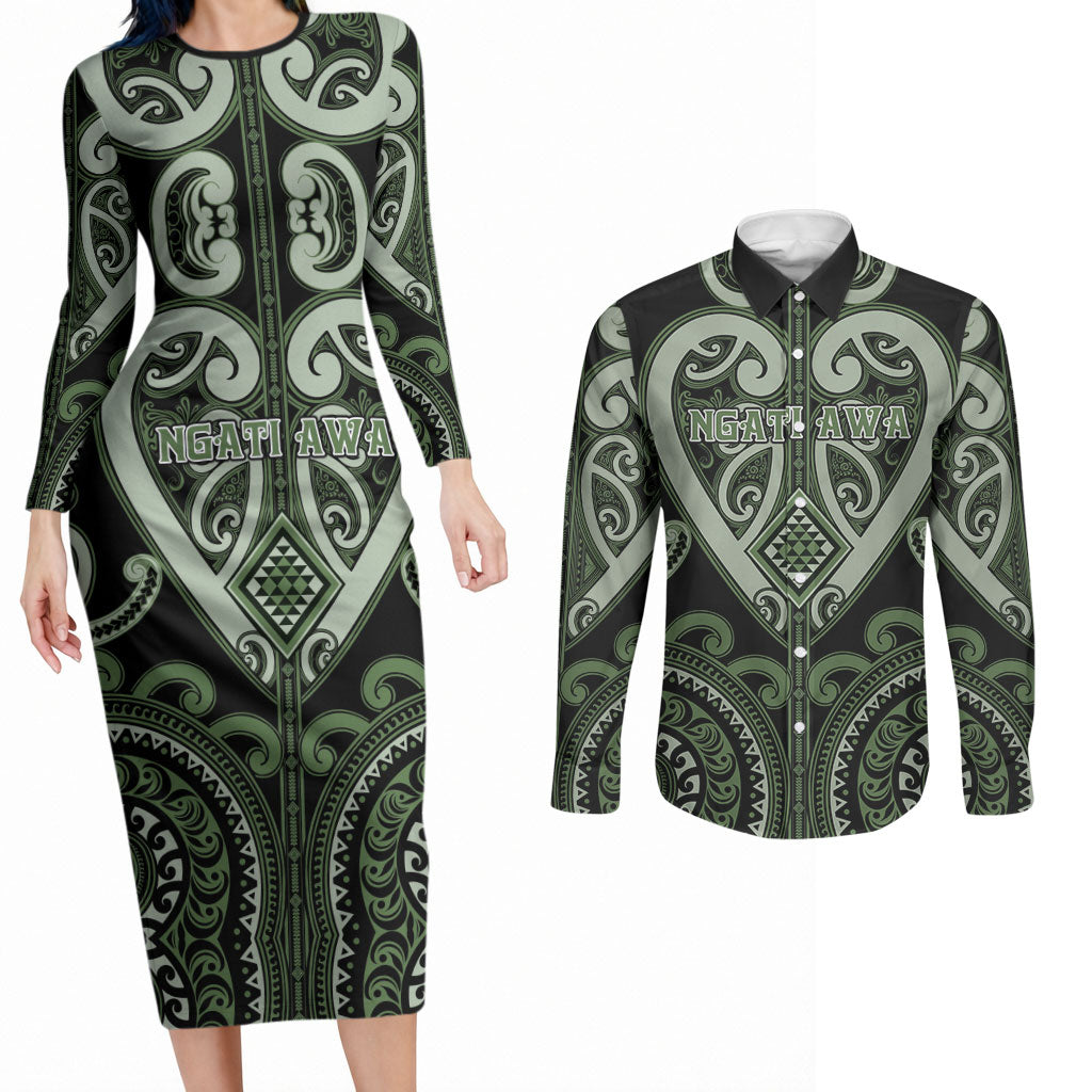 Custom Aotearoa Ngati Awa Couples Matching Long Sleeve Bodycon Dress and Long Sleeve Button Shirt Maori Tribal Pattern LT05 Green - Polynesian Pride