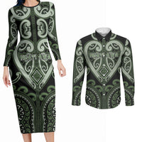 Custom Aotearoa Ngati Awa Couples Matching Long Sleeve Bodycon Dress and Long Sleeve Button Shirt Maori Tribal Pattern LT05 Green - Polynesian Pride