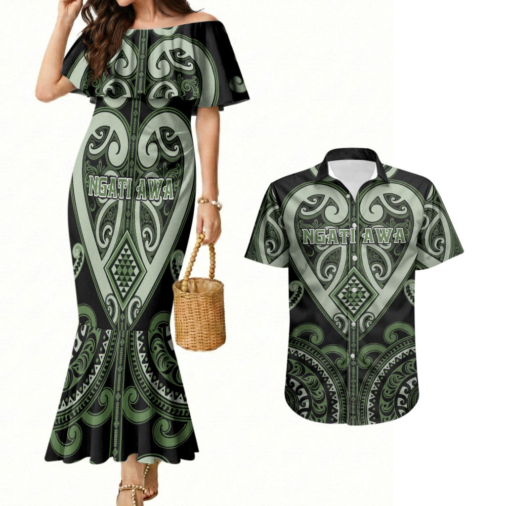 Custom Aotearoa Ngati Awa Couples Matching Mermaid Dress and Hawaiian Shirt Maori Tribal Pattern LT05 Green - Polynesian Pride