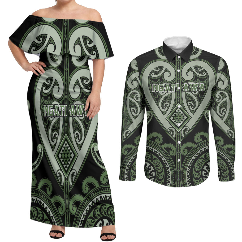 Custom Aotearoa Ngati Awa Couples Matching Off Shoulder Maxi Dress and Long Sleeve Button Shirt Maori Tribal Pattern LT05 Green - Polynesian Pride