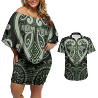 Custom Aotearoa Ngati Awa Couples Matching Off Shoulder Short Dress and Hawaiian Shirt Maori Tribal Pattern LT05 Green - Polynesian Pride