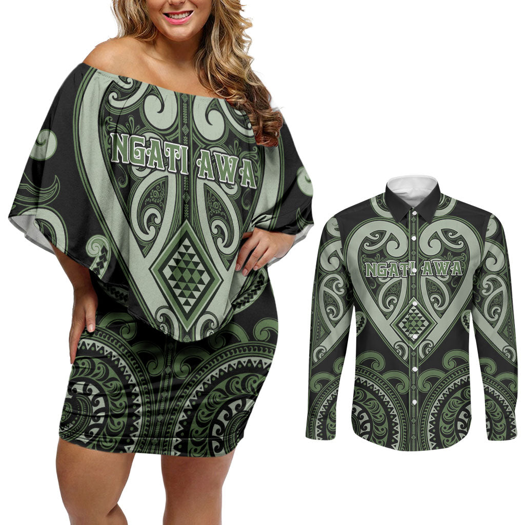 Custom Aotearoa Ngati Awa Couples Matching Off Shoulder Short Dress and Long Sleeve Button Shirt Maori Tribal Pattern LT05 Green - Polynesian Pride