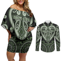 Custom Aotearoa Ngati Awa Couples Matching Off Shoulder Short Dress and Long Sleeve Button Shirt Maori Tribal Pattern LT05 Green - Polynesian Pride