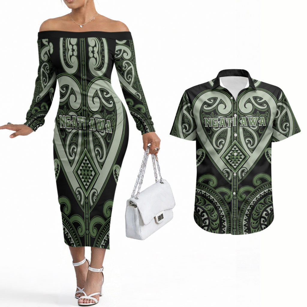 Custom Aotearoa Ngati Awa Couples Matching Off The Shoulder Long Sleeve Dress and Hawaiian Shirt Maori Tribal Pattern LT05 Green - Polynesian Pride
