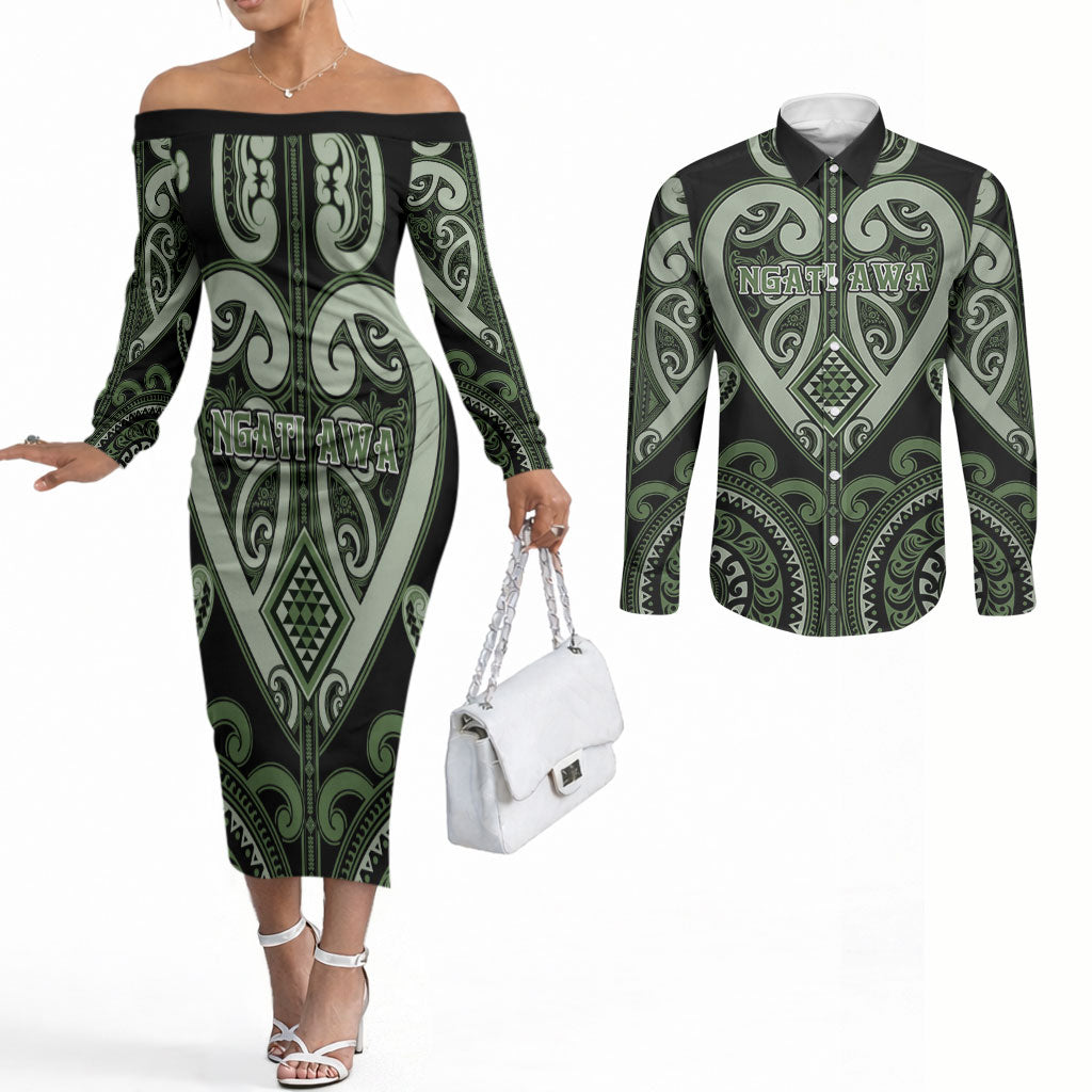 Custom Aotearoa Ngati Awa Couples Matching Off The Shoulder Long Sleeve Dress and Long Sleeve Button Shirt Maori Tribal Pattern