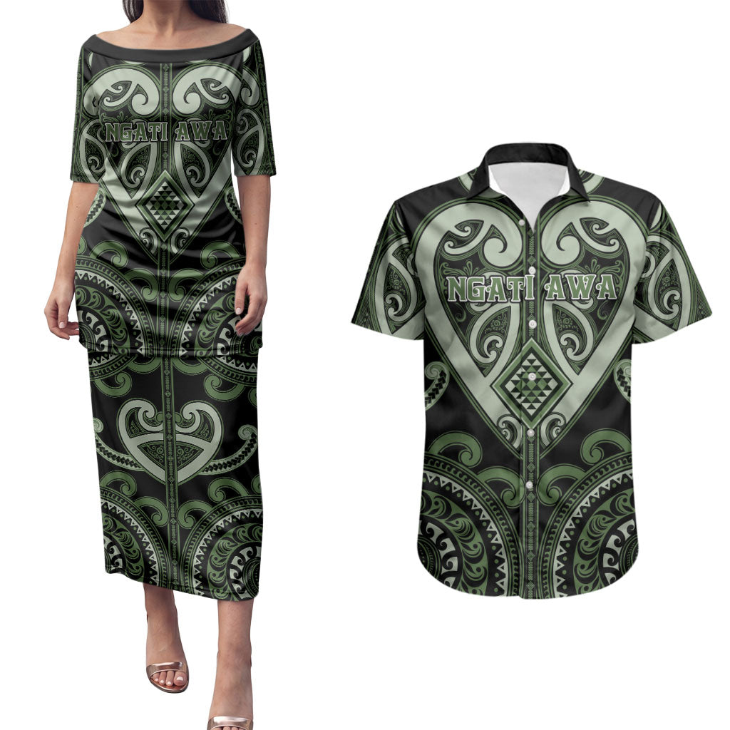 Custom Aotearoa Ngati Awa Couples Matching Puletasi and Hawaiian Shirt Maori Tribal Pattern LT05 Green - Polynesian Pride