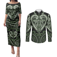 Custom Aotearoa Ngati Awa Couples Matching Puletasi and Long Sleeve Button Shirt Maori Tribal Pattern LT05 Green - Polynesian Pride
