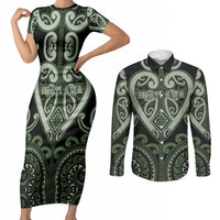 Custom Aotearoa Ngati Awa Couples Matching Short Sleeve Bodycon Dress and Long Sleeve Button Shirt Maori Tribal Pattern LT05 Green - Polynesian Pride