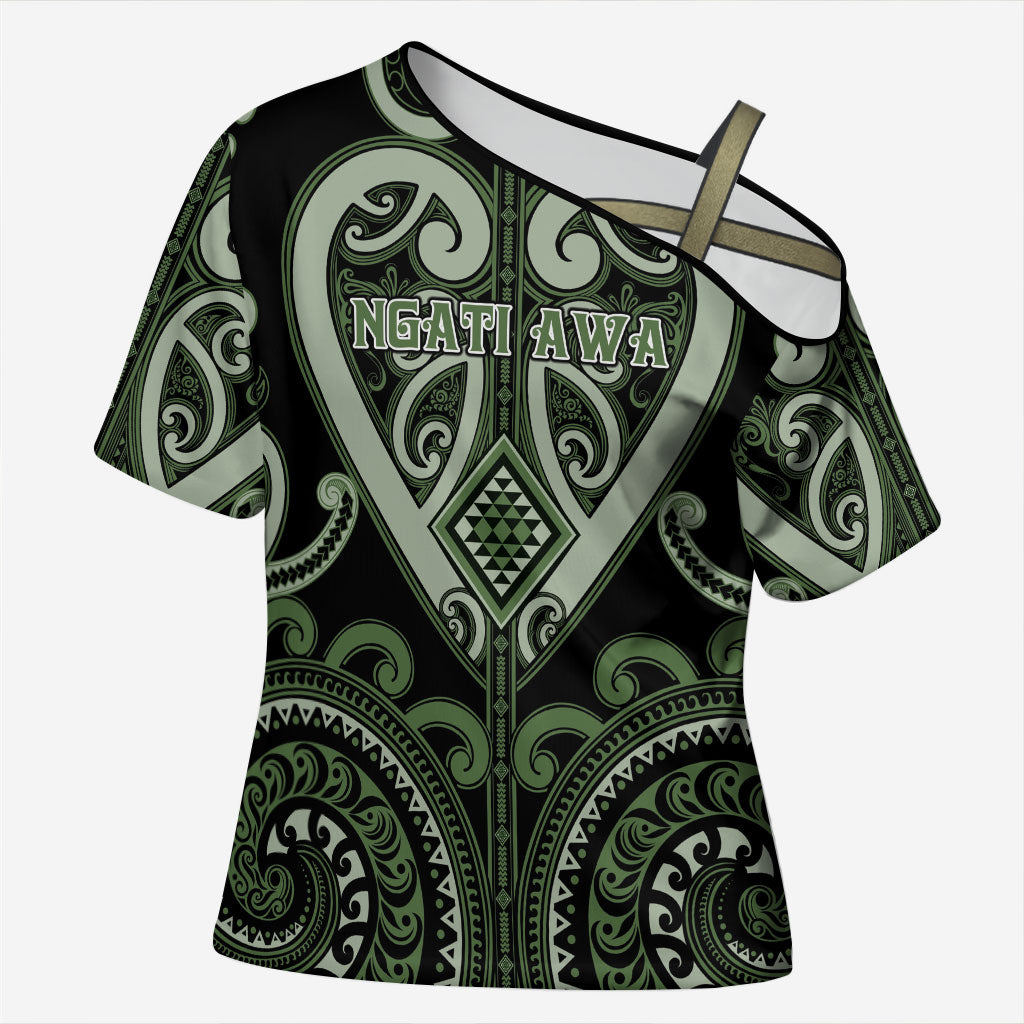 Custom Aotearoa Ngati Awa Cross Shoulder Shirt Maori Tribal Pattern LT05 Female Green - Polynesian Pride