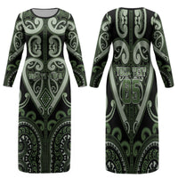 Custom Aotearoa Ngati Awa Family Matching Long Sleeve Bodycon Dress and Hawaiian Shirt Maori Tribal Pattern LT05 Mom's Dress Green - Polynesian Pride