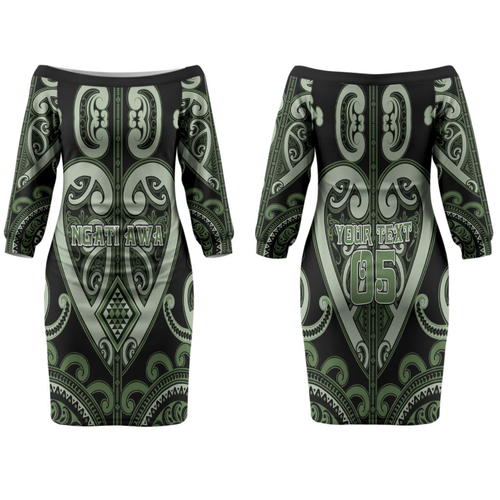 Custom Aotearoa Ngati Awa Family Matching Off The Shoulder Long Sleeve Dress and Hawaiian Shirt Maori Tribal Pattern LT05 Mom's Dress Green - Polynesian Pride