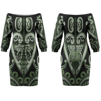 Custom Aotearoa Ngati Awa Family Matching Off The Shoulder Long Sleeve Dress and Hawaiian Shirt Maori Tribal Pattern LT05 Mom's Dress Green - Polynesian Pride