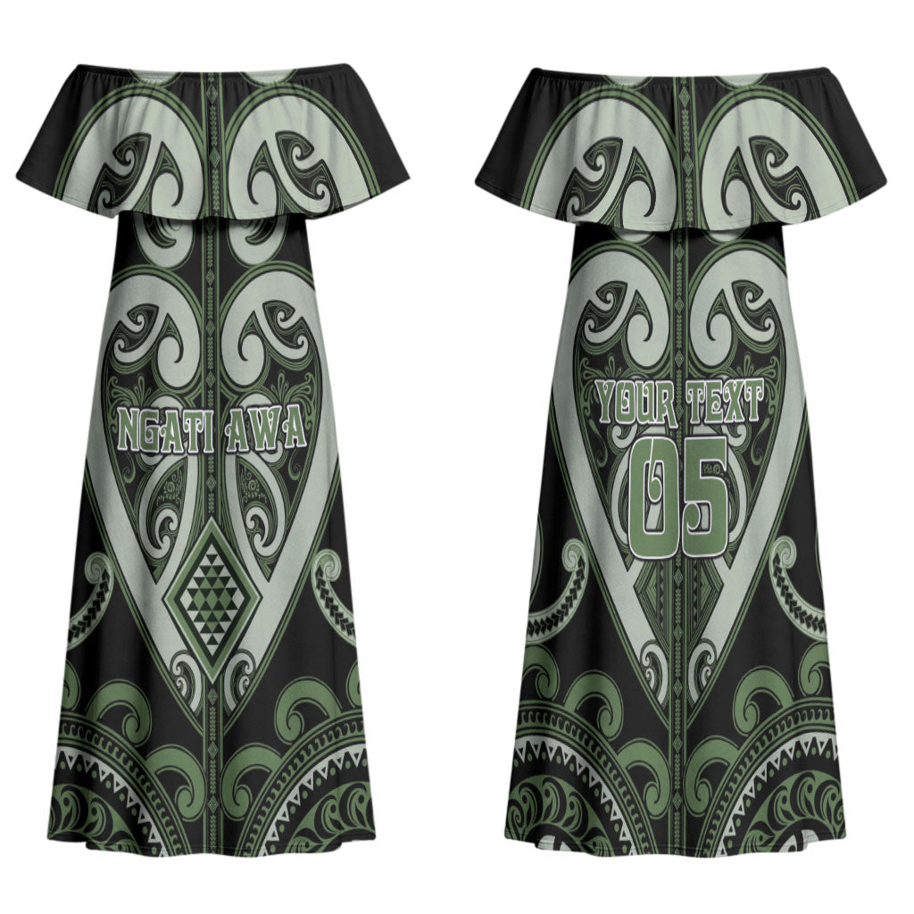 Custom Aotearoa Ngati Awa Family Matching Off Shoulder Maxi Dress and Hawaiian Shirt Maori Tribal Pattern LT05 Mom's Dress Green - Polynesian Pride