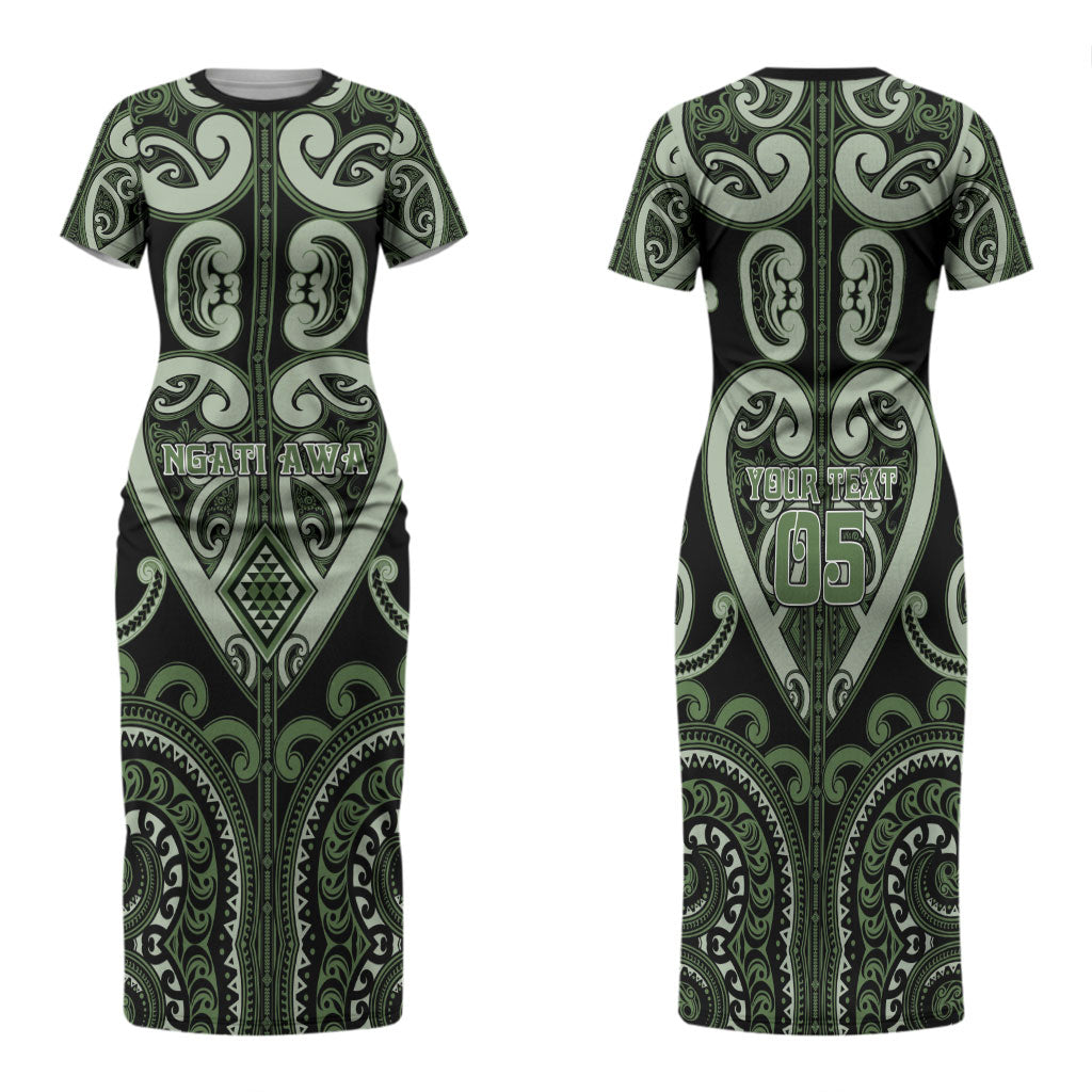 Custom Aotearoa Ngati Awa Family Matching Short Sleeve Bodycon Dress and Hawaiian Shirt Maori Tribal Pattern LT05 Mom's Dress Green - Polynesian Pride