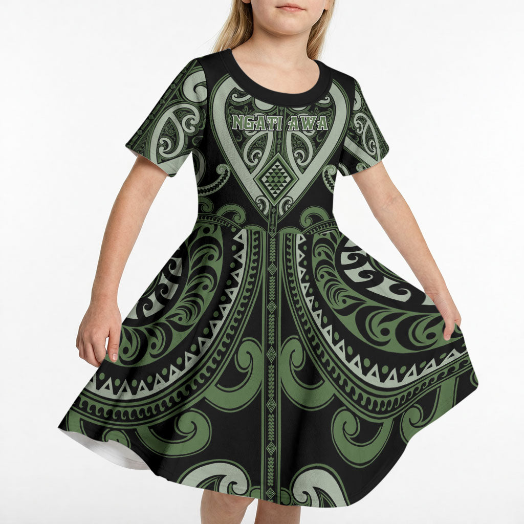 Custom Aotearoa Ngati Awa Kid Short Sleeve Dress Maori Tribal Pattern LT05 - Polynesian Pride