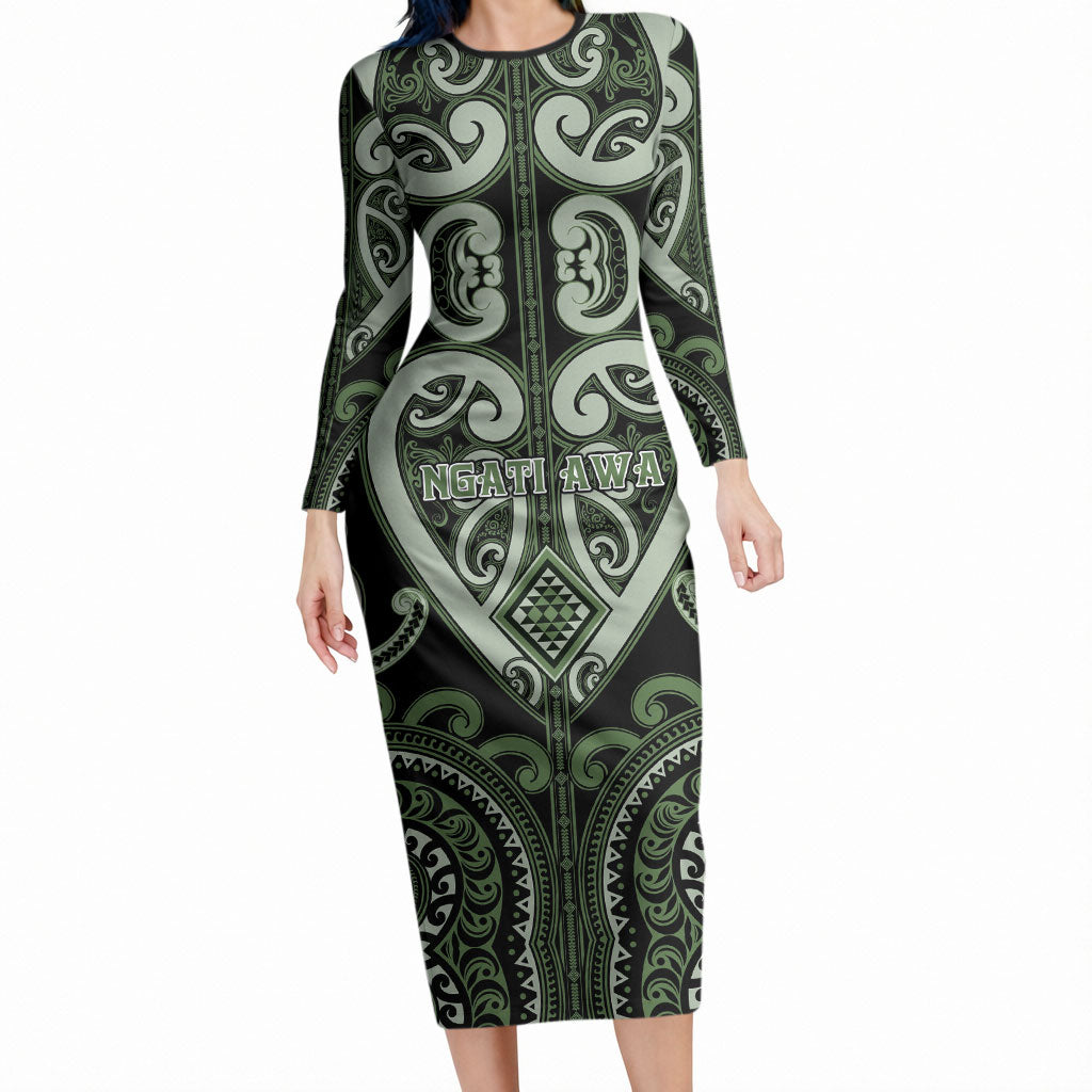 Custom Aotearoa Ngati Awa Long Sleeve Bodycon Dress Maori Tribal Pattern LT05 Long Dress Green - Polynesian Pride