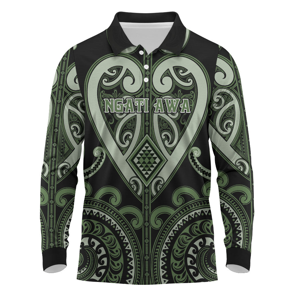 Custom Aotearoa Ngati Awa Long Sleeve Polo Shirt Maori Tribal Pattern LT05 Green - Polynesian Pride
