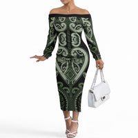 Custom Aotearoa Ngati Awa Off The Shoulder Long Sleeve Dress Maori Tribal Pattern LT05 Women Green - Polynesian Pride