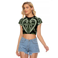 Custom Aotearoa Ngati Awa Raglan Cropped T Shirt Maori Tribal Pattern LT05 Female Green - Polynesian Pride