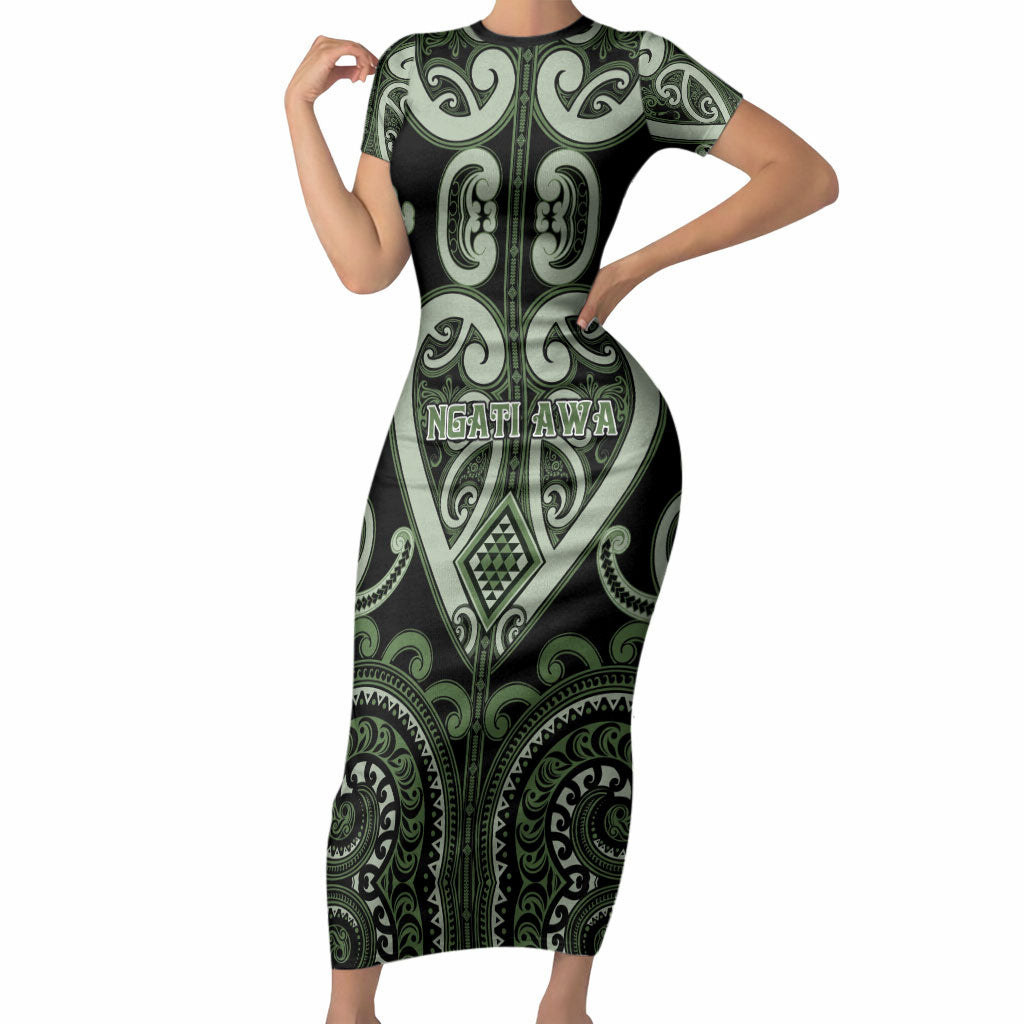 Custom Aotearoa Ngati Awa Short Sleeve Bodycon Dress Maori Tribal Pattern LT05 Long Dress Green - Polynesian Pride