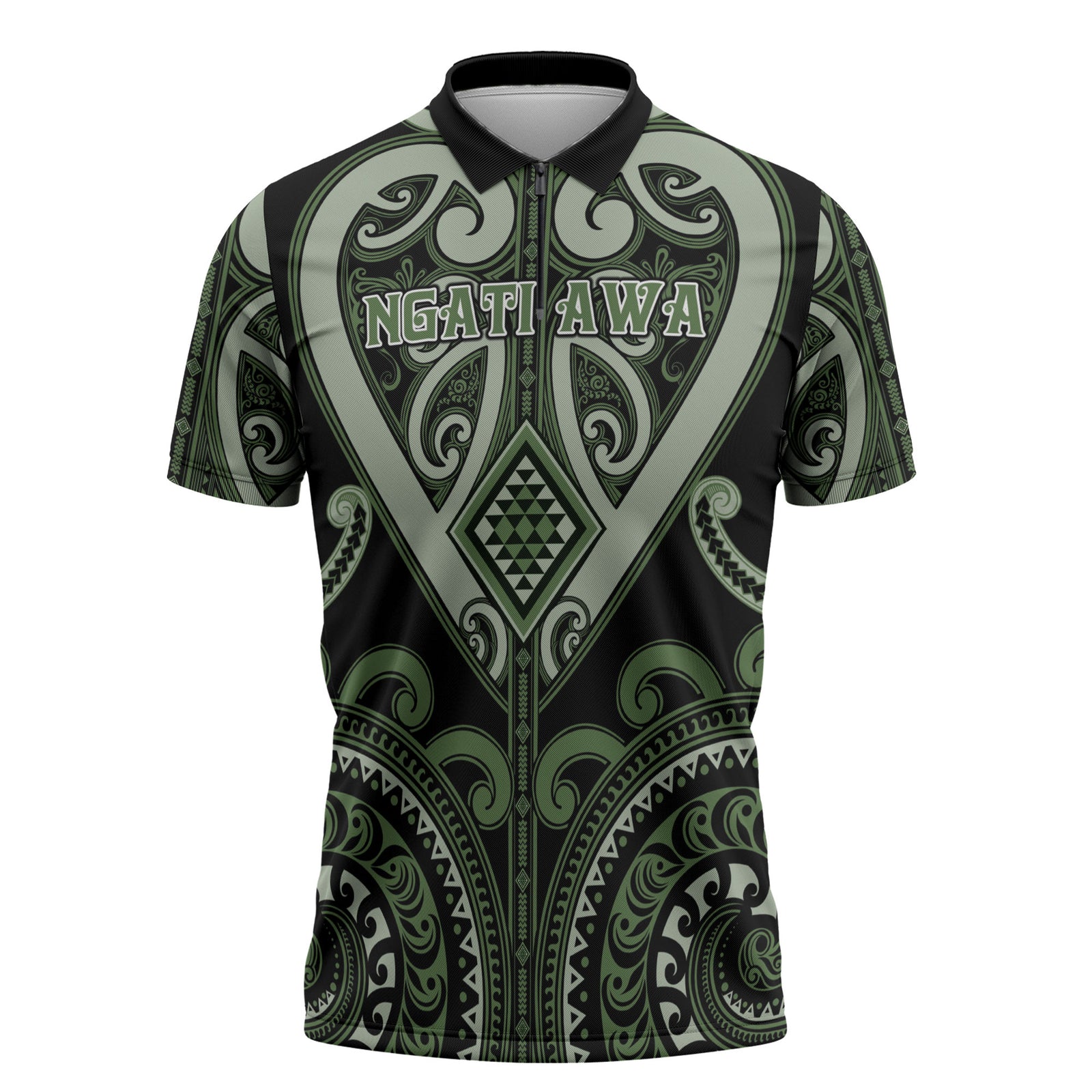 Custom Aotearoa Ngati Awa Zipper Polo Shirt Maori Tribal Pattern LT05 Green - Polynesian Pride