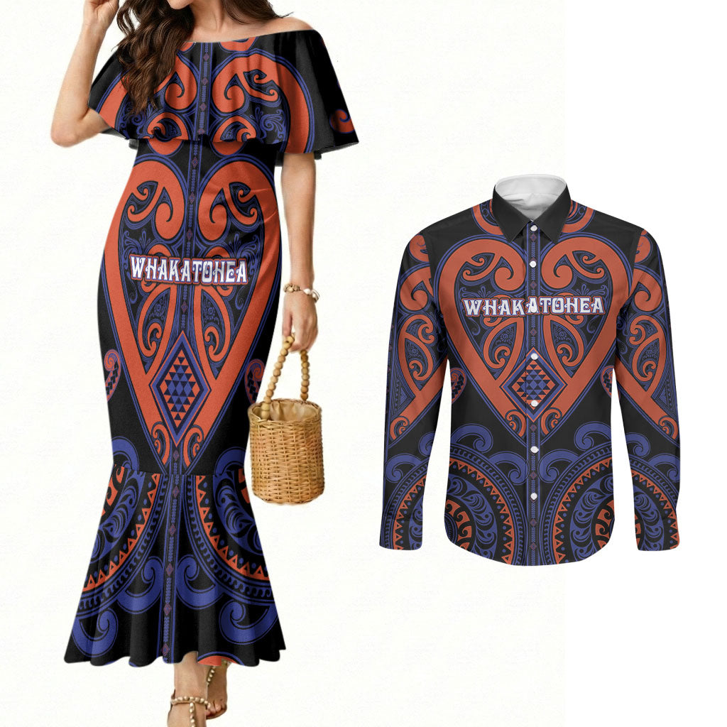 Custom Aotearoa Whakatohea Couples Matching Mermaid Dress and Long Sleeve Button Shirt Maori Tribal Pattern LT05 Navy - Polynesian Pride