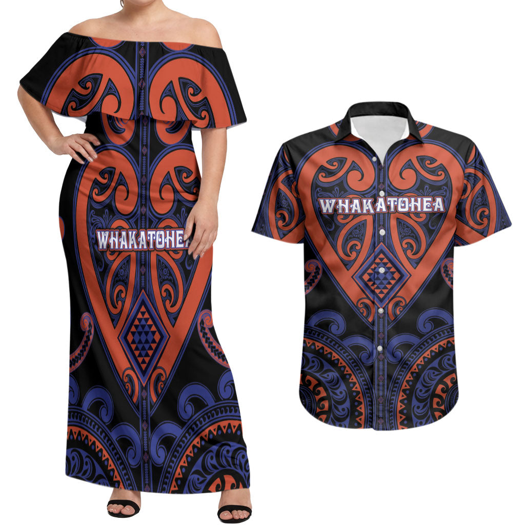 Custom Aotearoa Whakatohea Couples Matching Off Shoulder Maxi Dress and Hawaiian Shirt Maori Tribal Pattern LT05 Navy - Polynesian Pride