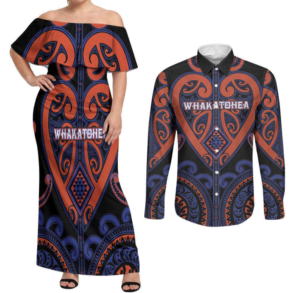 Custom Aotearoa Whakatohea Couples Matching Off Shoulder Maxi Dress and Long Sleeve Button Shirt Maori Tribal Pattern LT05 Navy - Polynesian Pride