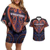 Custom Aotearoa Whakatohea Couples Matching Off Shoulder Short Dress and Hawaiian Shirt Maori Tribal Pattern LT05 Navy - Polynesian Pride