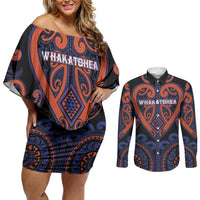 Custom Aotearoa Whakatohea Couples Matching Off Shoulder Short Dress and Long Sleeve Button Shirt Maori Tribal Pattern LT05 Navy - Polynesian Pride