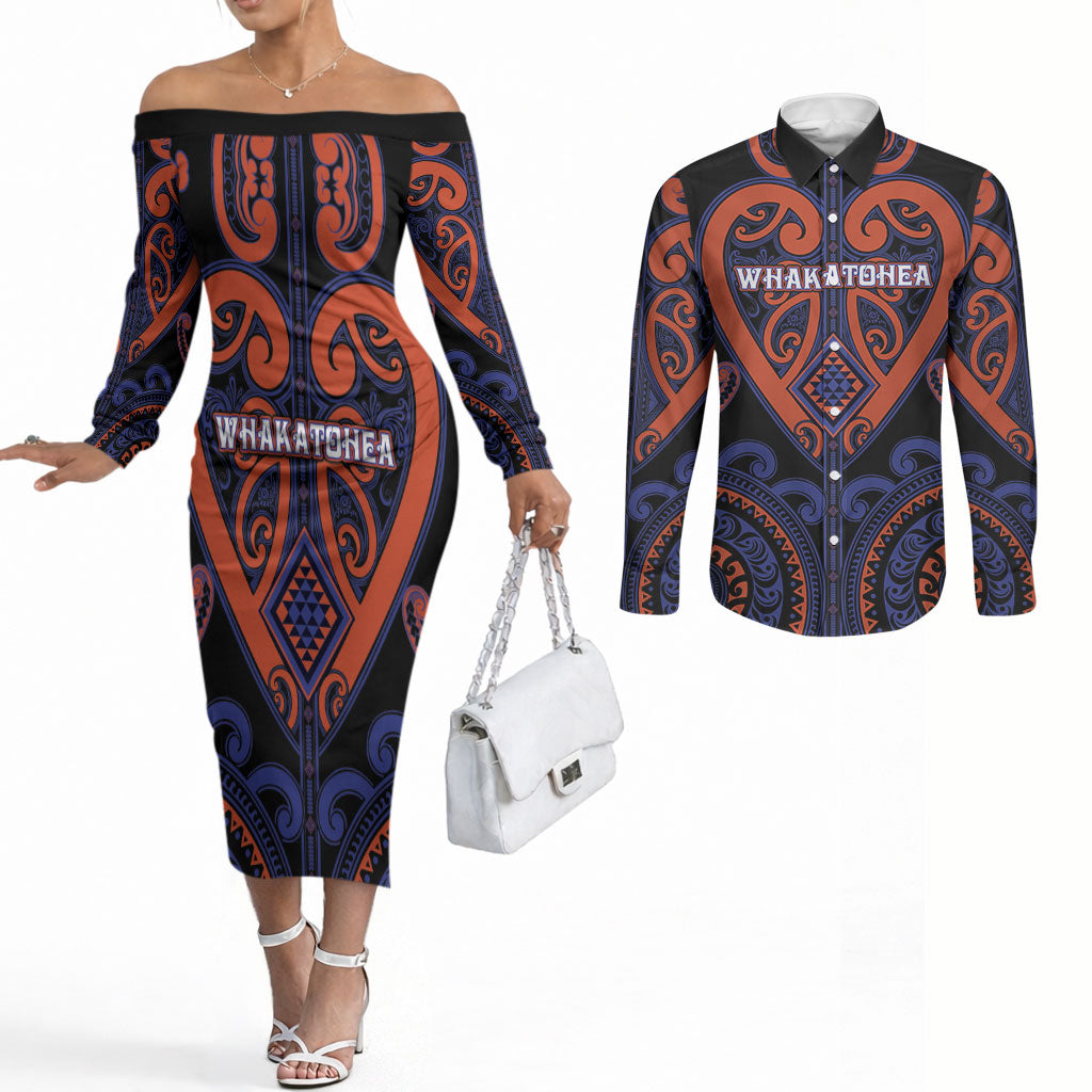 Custom Aotearoa Whakatohea Couples Matching Off The Shoulder Long Sleeve Dress and Long Sleeve Button Shirt Maori Tribal Pattern