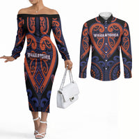 Custom Aotearoa Whakatohea Couples Matching Off The Shoulder Long Sleeve Dress and Long Sleeve Button Shirt Maori Tribal Pattern LT05 Navy - Polynesian Pride