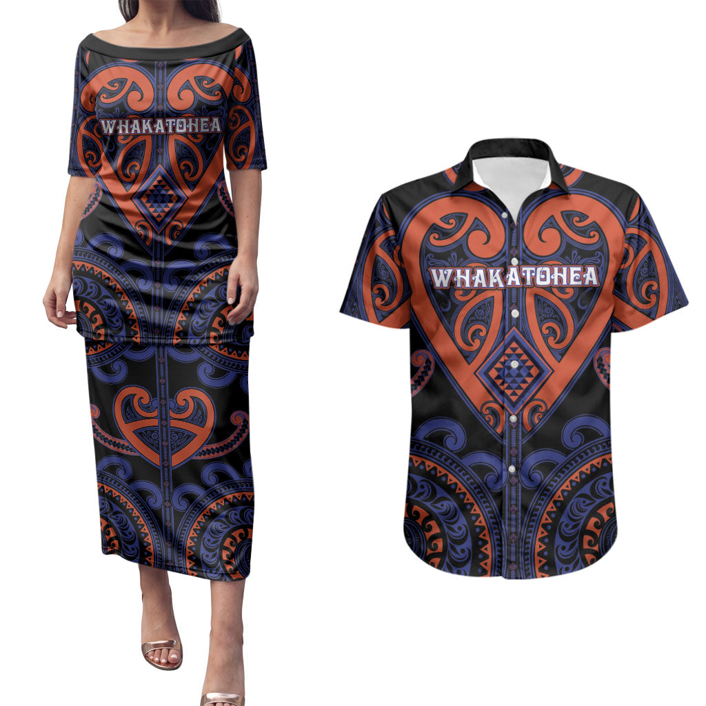 Custom Aotearoa Whakatohea Couples Matching Puletasi and Hawaiian Shirt Maori Tribal Pattern LT05 Navy - Polynesian Pride