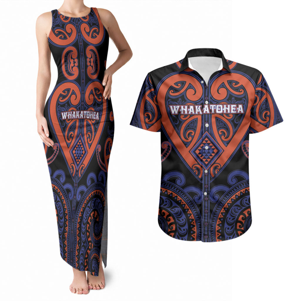 Custom Aotearoa Whakatohea Couples Matching Tank Maxi Dress and Hawaiian Shirt Maori Tribal Pattern