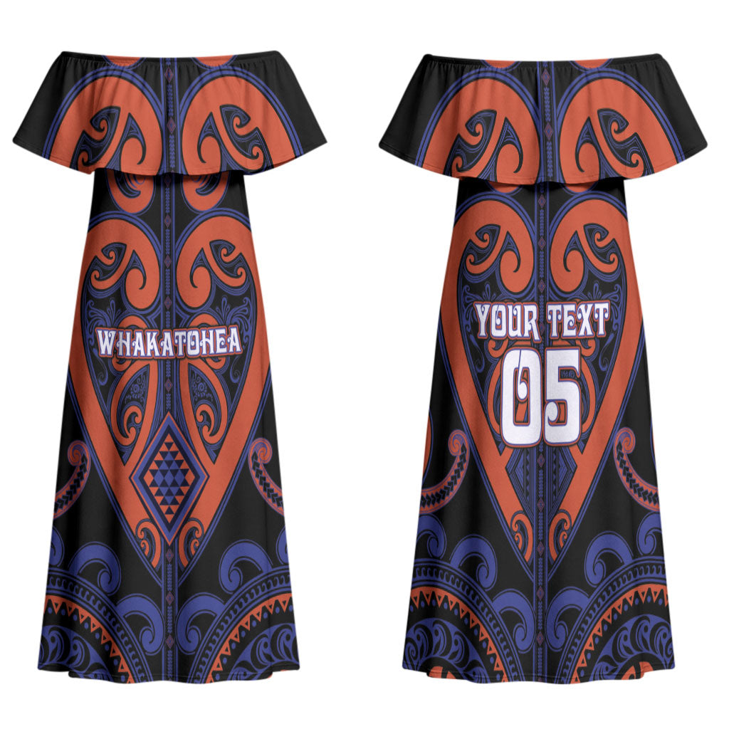 Custom Aotearoa Whakatohea Family Matching Off Shoulder Maxi Dress and Hawaiian Shirt Maori Tribal Pattern LT05 Mom's Dress Navy - Polynesian Pride