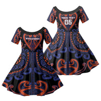 Custom Aotearoa Whakatohea Family Matching Off Shoulder Maxi Dress and Hawaiian Shirt Maori Tribal Pattern LT05 Daughter's Dress Navy - Polynesian Pride