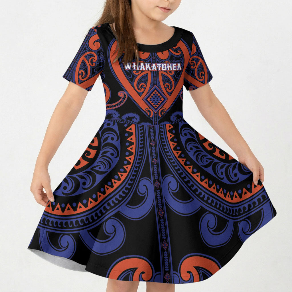 Custom Aotearoa Whakatohea Kid Short Sleeve Dress Maori Tribal Pattern LT05 KID Navy - Polynesian Pride